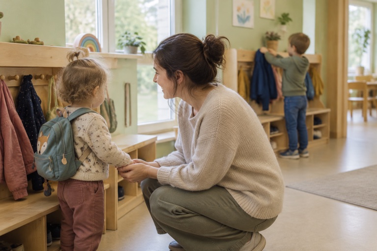 Erzieherin begrüßt ein Kleinkind mit Rucksack in der Garderobe, im Hintergrund hängt ein älteres Kind seine Jacke auf