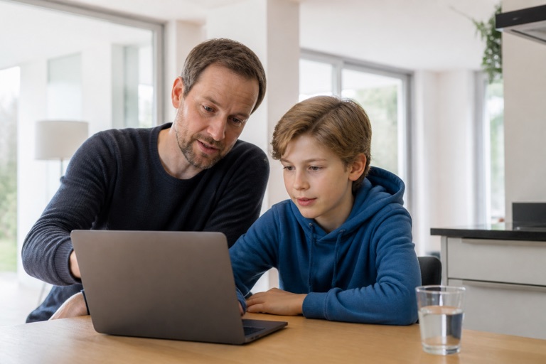Elternteil erklärt einem Kind etwas am Laptop am Küchentisch