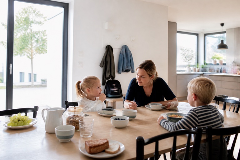 Frühstück in einer Familienküche, Schultasche und Jacke stehen bereit