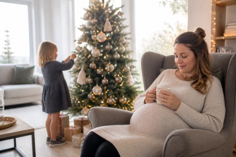 Schwangere ruht im Sessel mit Tee, ein Kind schmückt den Weihnachtsbaum
