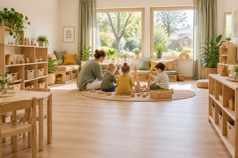 Heller Gruppenraum: Kinder bauen mit einer Erzieherin auf einem runden Teppich mit Holzklötzen