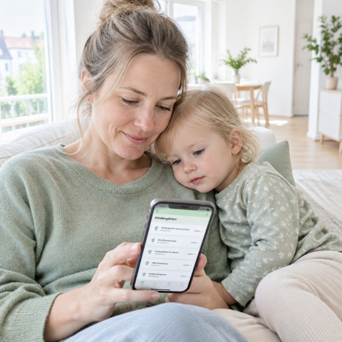 Mutter sucht mit ihrem Kind auf dem Handy nach einem Kindergarten