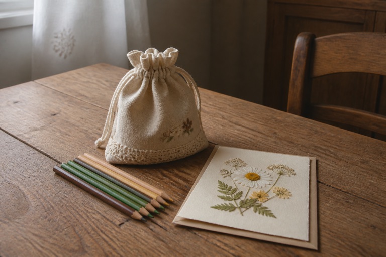 Selbstgemachtes Abschiedsgeschenk auf einem Holztisch: Stoffbeutel, Karte und Buntstifte