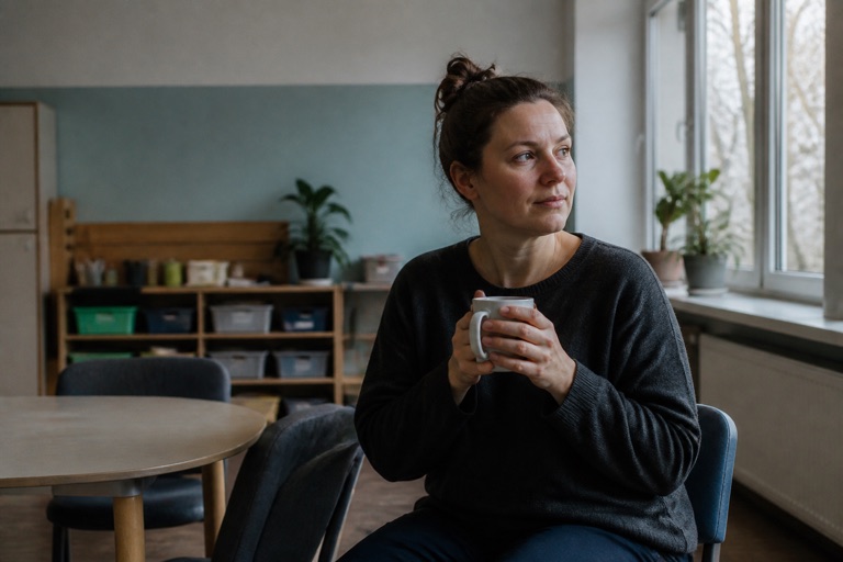 Erzieherin macht eine kurze Pause im Personalraum der Kita