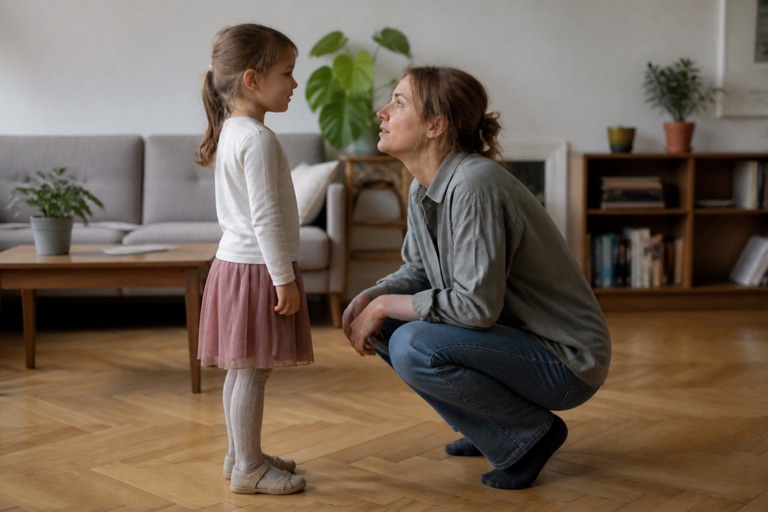 Mutter spricht in der Hocke auf Augenhöhe mit ihrem Kind