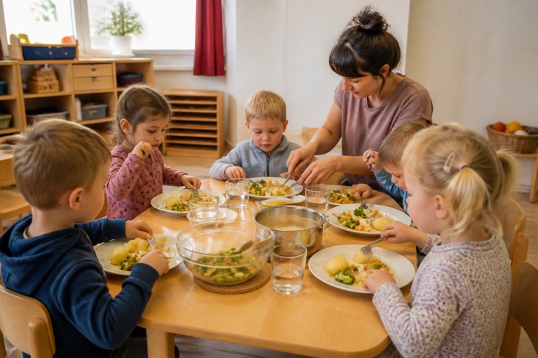 Kinder essen gemeinsam an einem niedrigen Tisch, eine Erzieherin hilft