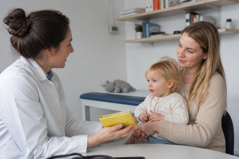 Kinderärztin im Gespräch mit einer Mutter, Impfausweis auf dem Tisch