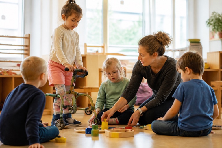 Kinder mit und ohne Behinderung spielen gemeinsam auf dem Boden