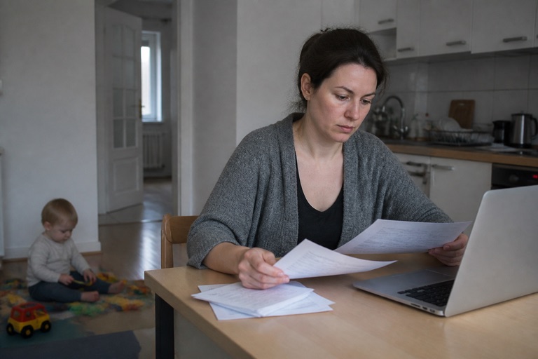 Mutter sortiert Unterlagen am Küchentisch, das Kind spielt im Hintergrund