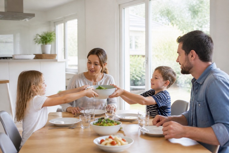 Familie beim gemeinsamen Essen am Küchentisch