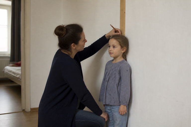 Kind wird an einer Messlatte an der Wand gemessen