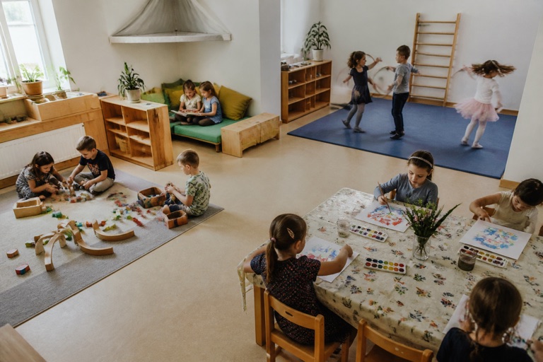 Mehrere Spielbereiche in einem grossen Gruppenraum von oben gesehen