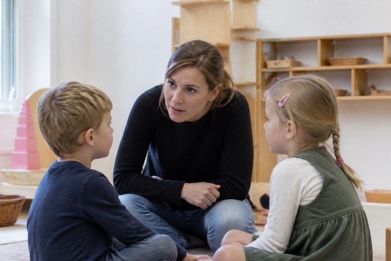 Erzieherin kniet auf Augenhöhe vor zwei Kindern und spricht mit ihnen