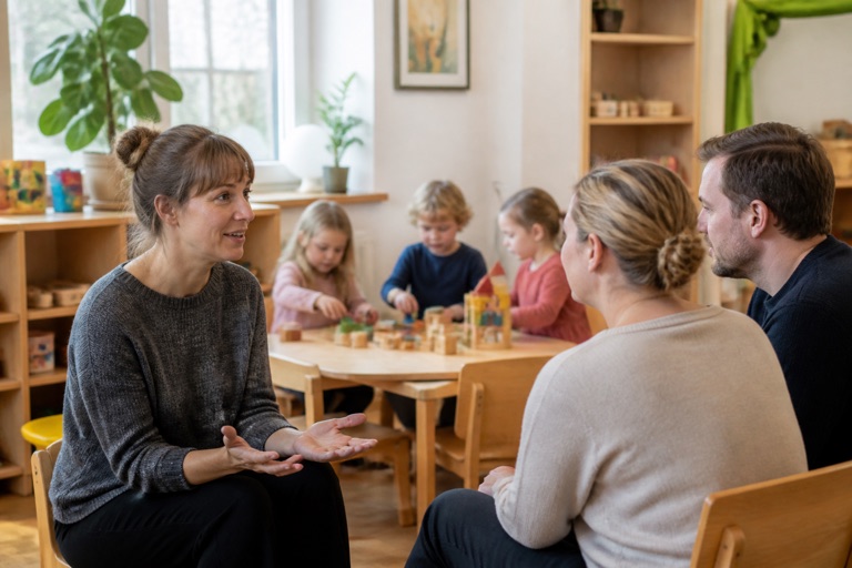 Erzieherin im Gespräch mit Eltern, im Hintergrund spielende Kinder