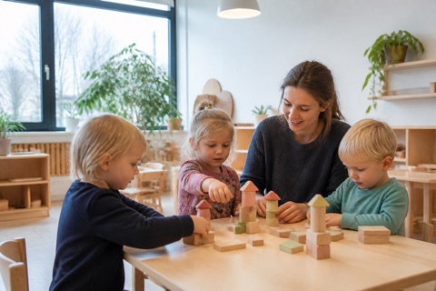 Erzieherin und drei Kinder bauen gemeinsam mit Holzklötzen