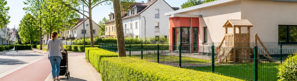 Wohnstrasse mit einer Kindertagesstätte, davor ein Spielgerüst hinter einer Hecke