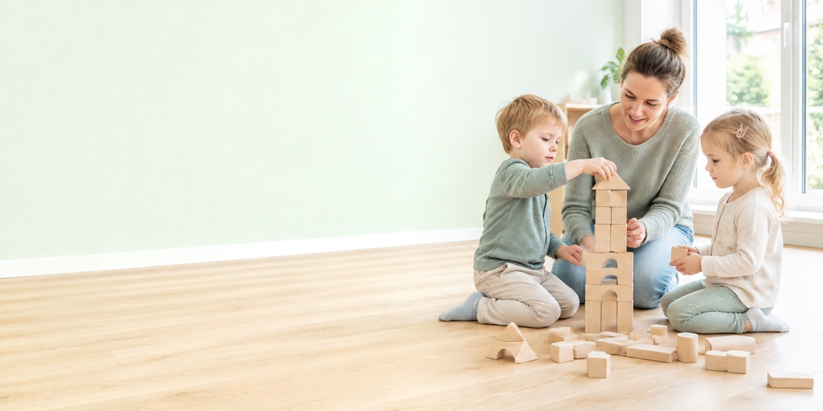Erzieherin baut mit zwei Kindern einen Turm aus Holzklötzen im Gruppenraum einer Kita