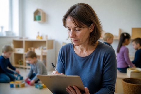 Erzieherin notiert Beobachtungen auf einem Klemmbrett, im Hintergrund spielen Kinder